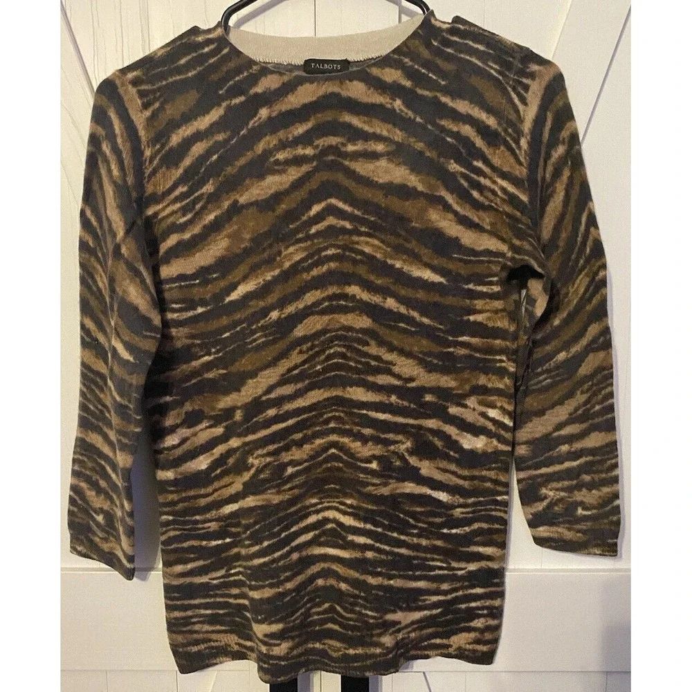 Talbots Sweater Womens Size S Small Animal Print Zebra 100% Cashmere Brown black